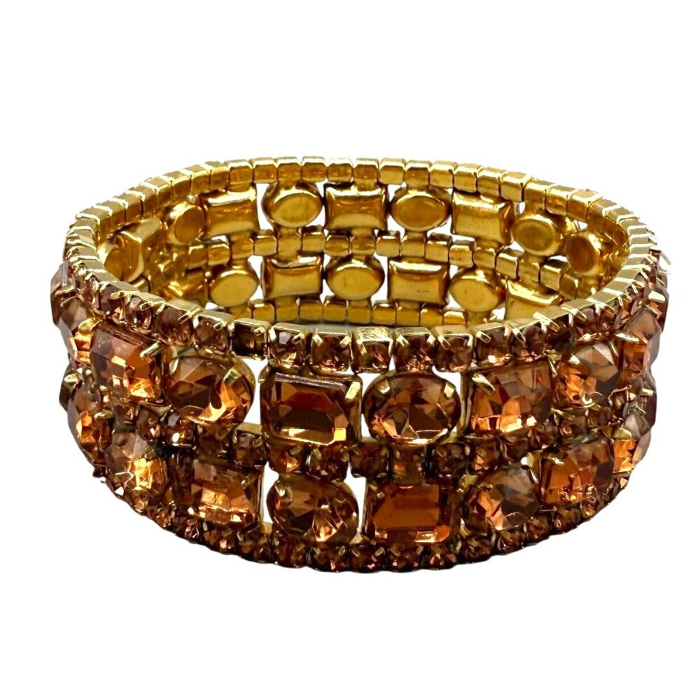 Brown Rhinestones Crystal Stretch Wide Bangle Bracelet Gold Tone Evening